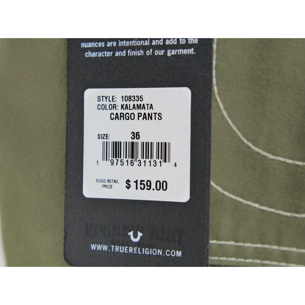 True Religion Olive Cargo‎ Pants Mens Size 36 New With Tags Straight Leg